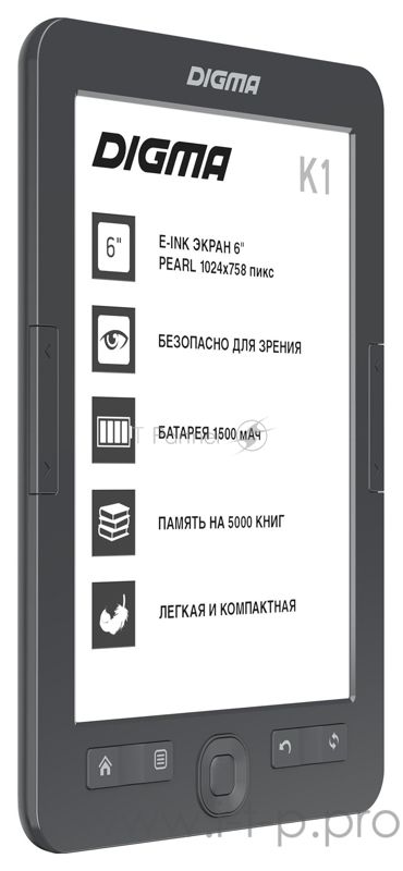 Электронная книга Digma K1 6" E-ink HD Pearl 758x1024 600MHz 128Mb/4Gb/SD/microSDHC темно-серый