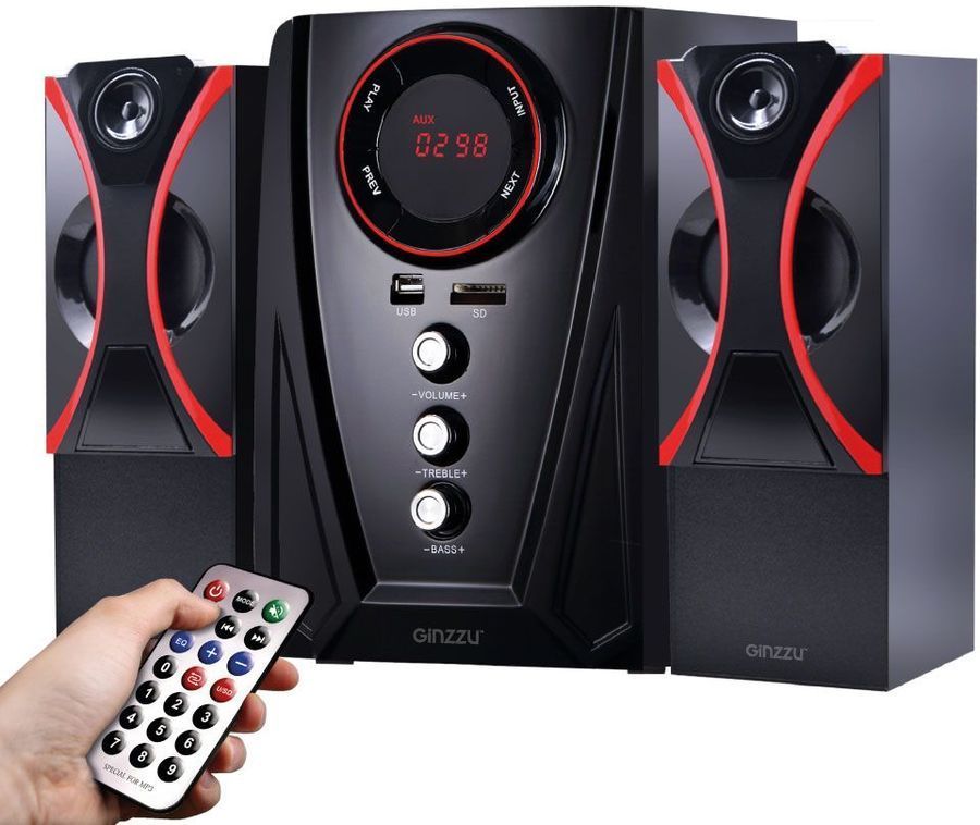 Мультимедийная акустическая система GINZZU GM-407 2.1 с Bluetooth. Выходная мощность (RMS) 40 Вт. Диапазон воспроизводимых частот: 40Гц - 20КГц. Bluetooth: V2.1. Встроенный аудио-плеер: SD-card, USB-flash до 32 Gb. FM радио: 87.5МГц - 108.0МГц. Вход AUX: 