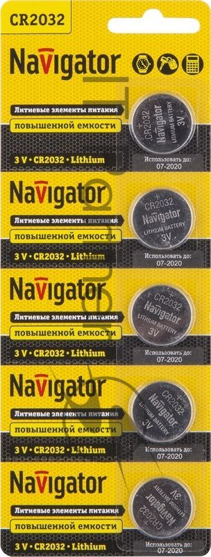 Элемент питания литиевый Navigator CR2032 NBT-CR2032-BP5 (блист.5шт), 3 В