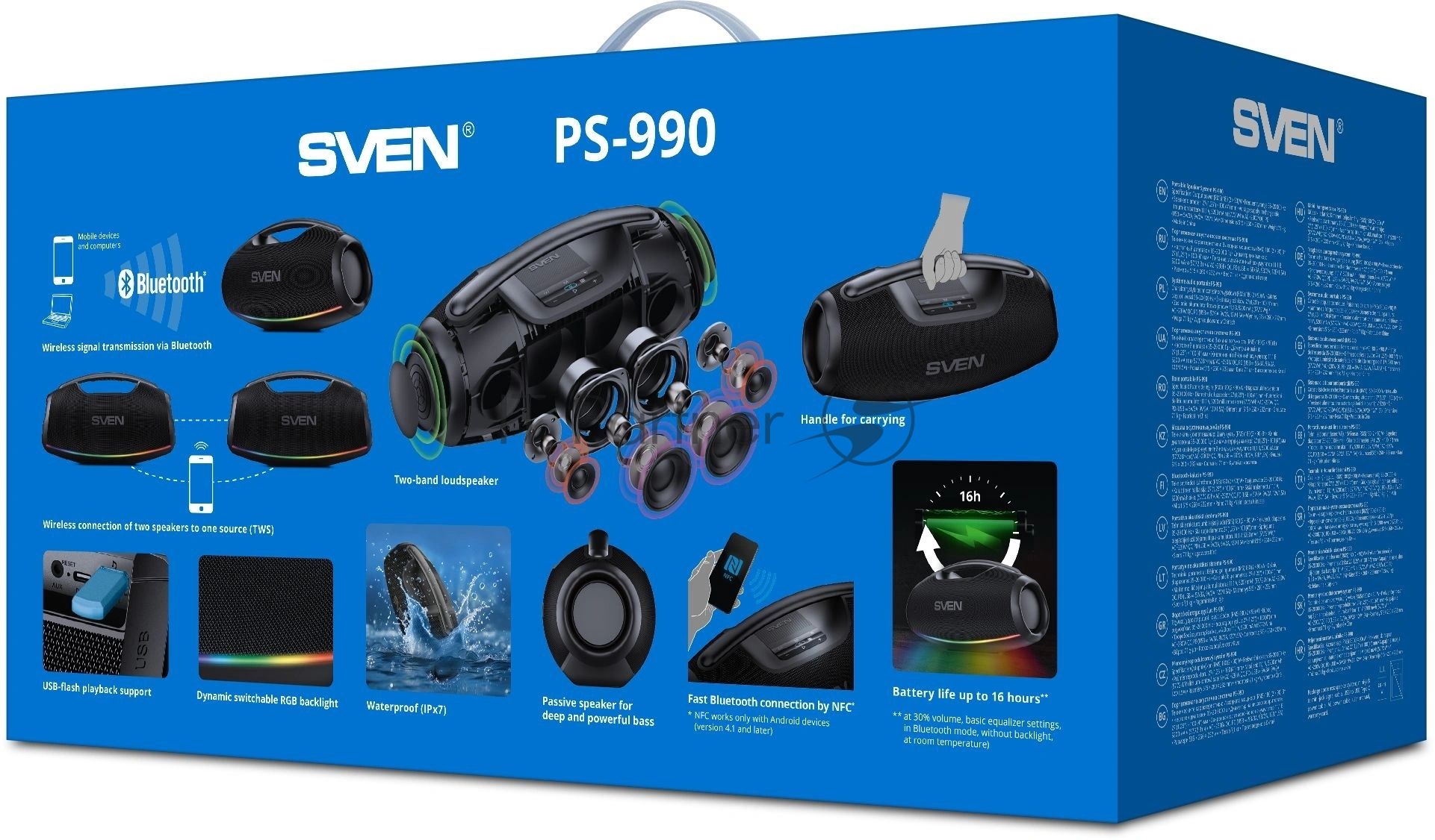 Портативная акустическая система SVEN PS-990, черный, 2.0, 2x90 Вт (RMS), IPx7, TWS, Bluetooth, USB, аккумулятор