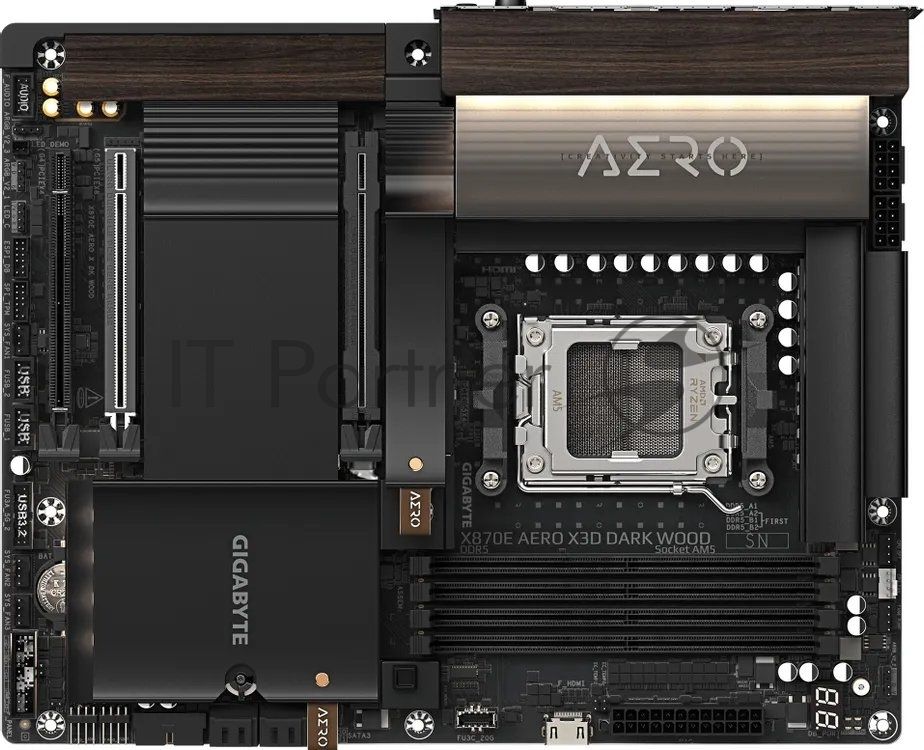 Материнская плата Gigabyte X870E AERO X3D DARK WOOD, AM5, AMD X870E, 4xDDR5, 4xSATA 6Gb/s, 4xM.2, 2xPCIe 5.0 x16, 1xPCIe 4.0 x4, 1xHDMI, 2x5Gb LAN, 3xUSB Type-C, 5xUSB 3.2 Gen 2, 3xUSB 3.2 Gen 1, 2x3.5 мм, 7.1, ATX