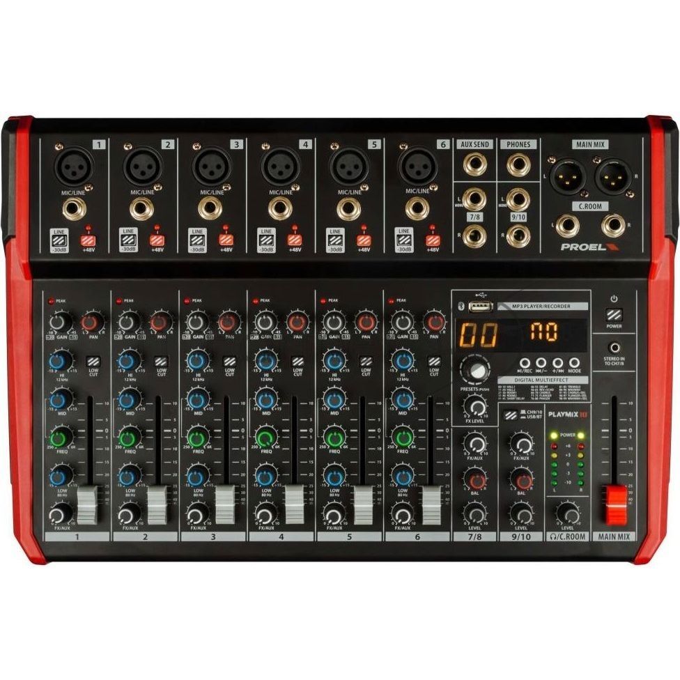 Микшерный пульт PROEL PLAYMIX10 10-ти канальный, 24 бит/48 кГц DSP, Bluetooth, медиа-плеер, 6x XLR+1/4" TRS микр./лин. входа, 2х 1/4" TRS (L/R) стерео лин. входа, 2x XLR Main вых., 2x 1/4" TRS вых. для мониторов, USB аудио интерфейс, 2x USB-A порта