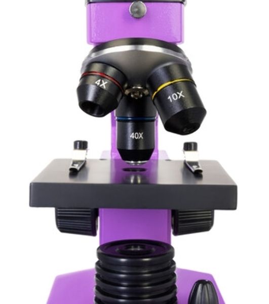 Микроскоп Levenhuk RAINBOW 2L AMETHYST/Аметист Микроскоп с предметным столиком, трехгнездным револьвером, фокусировочным механизмом, двумя источниками света с регулировкой яркости Монокулярная насадка Объективы: 4х, 10х, 40х, Увеличение микроскопа: 64-640