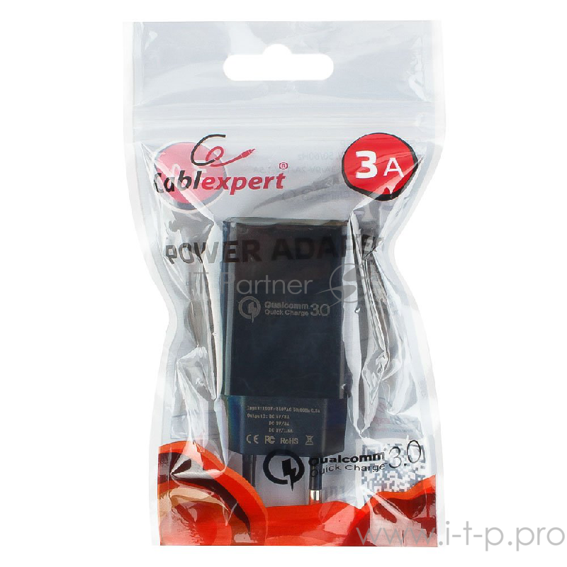 Сетевое зарядное устройство Cablexpert MP3A-PC-17, QC 3.0, 100/220V - 1 USB порт 5/9/12V, черный