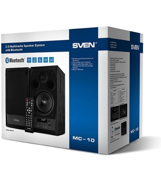 Акустическая система 2.0 SVEN MC-10, чёрный, мощность 2x25Вт (RMS), FM-тюнер, USB/microSD, дисплей, пульт ДУ, Bluetooth SVEN MC-10, чёрный, акустическая система 2.0, мощность 2x25Вт (RMS), FM-тюнер, USB/microSD, дисплей, пульт ДУ, Bluetooth