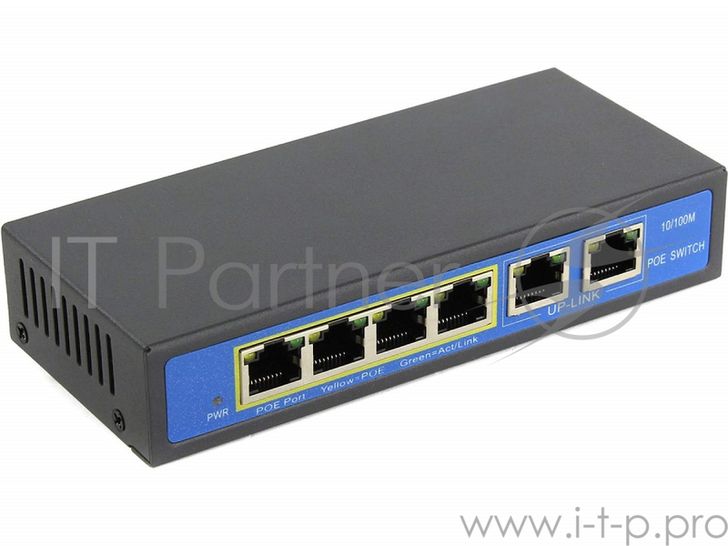 Коммутатор PoE 4 порта 10/100Mbps SWP-7504POE/2P 4xPoE+1xUplink RJ45, IEEE 802.3af, мощность 15.4 Вт на порт, БП 52В/1.25А, настенный крепеж в ком