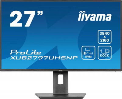 Монитор 27" iiyama XUB2797UHSNP-B1 IPS 4K 3840x2160, 60 Гц, 4 мс, 16:9, 350 кд/м², HDMI, DisplayPort, USB-A, USB-C (96 Вт), Ethernet, KVM-модуль, встроенные динамики, Flicker Free, Low Blue Light, трехсторонний безрамочный дизайн, регулировка по высоте, п