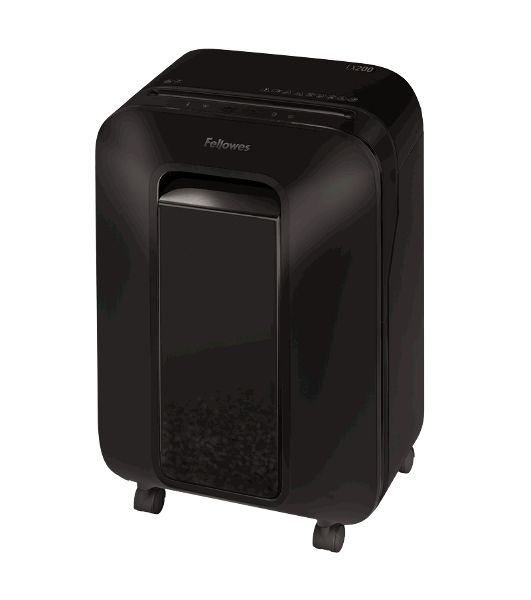 Шредер Fellowes PowerShred LX200 черный (секр.P-4)/перекрестный/12лист./22лтр./скрепки/скобы/пл.карты