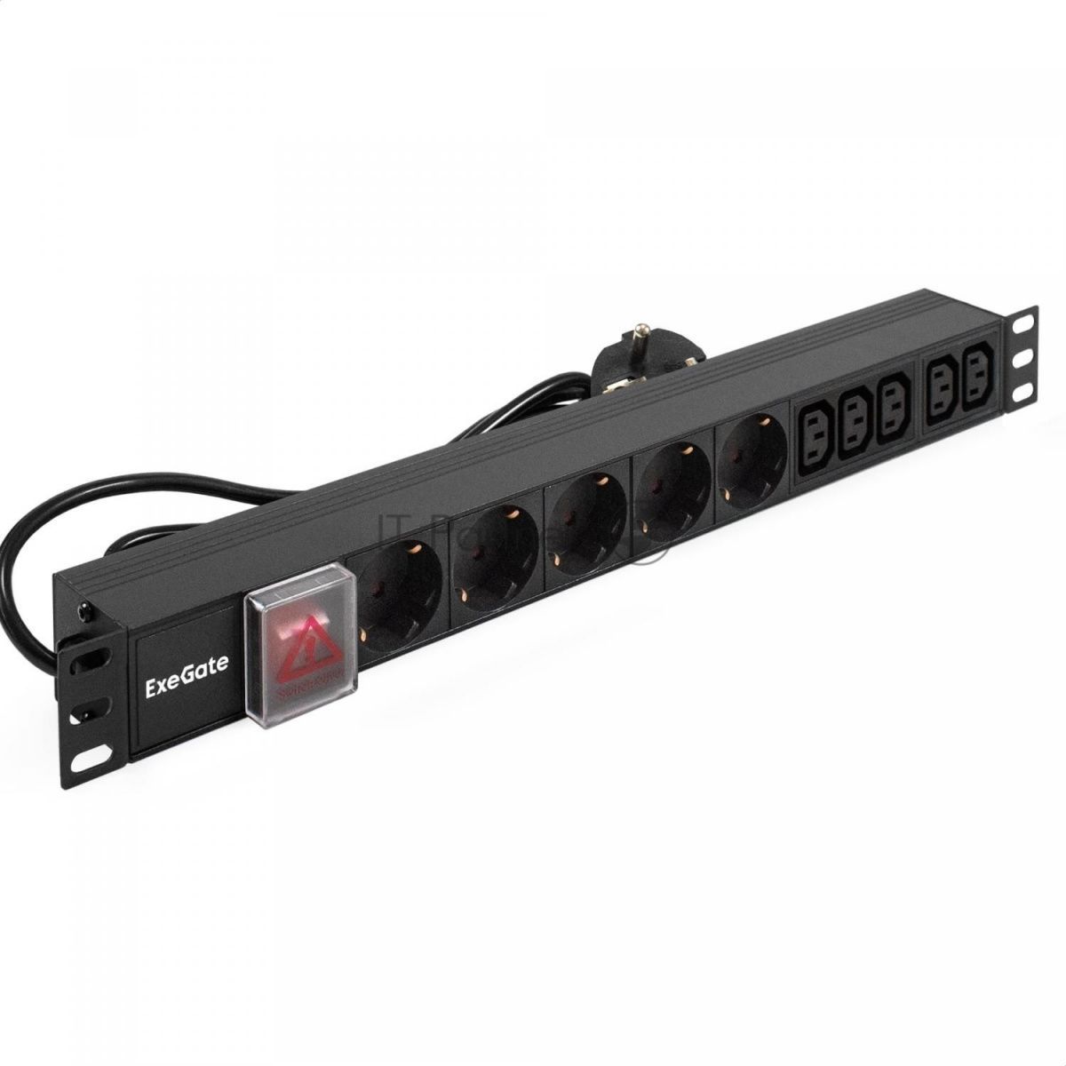 Блок розеток горизонтальный ExeGate ServerPro PDU-19H009 Al-5C135S-EU2.5-SW, 19", 1U, Алюминий, 5 IEC 320 C13, 5 Schuko, кабель с евровилкой VDE-250V-16A-3*1.5мм2, 2.5 метра, выкл. с подсветкой, черный