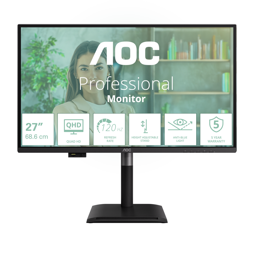 Монитор 27" AOC Q27P4U IPS 2560x1440, 120 Гц, 4 мс, 16:9, 350 кд/м², 2xHDMI 2.0, DP 1.2, USB-C (15 Вт PD), USB Hub (3x USB-A), 3.5 Jack, динамики (2x2 Вт), HDR10, Adaptive-Sync, черный