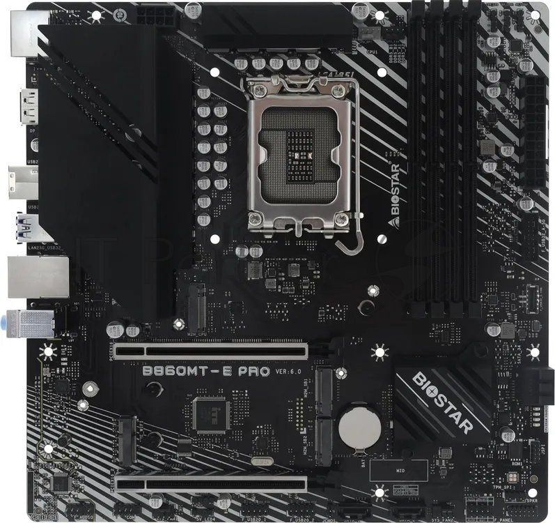 Материнская плата Biostar B860MT-E PRO, LGA1851, Intel B860, 4xDDR5, 4xSATA 6Gb/s, 3xM.2, 1xPCIe 5.0 x16, 1xPCIe 4.0 x16, 1xHDMI, 2xDisplayPort, 1x2.5Gb LAN, 4xUSB 3.2 Gen2, 2xUSB 2.0, 3x3.5 мм, 7.1, microATX
