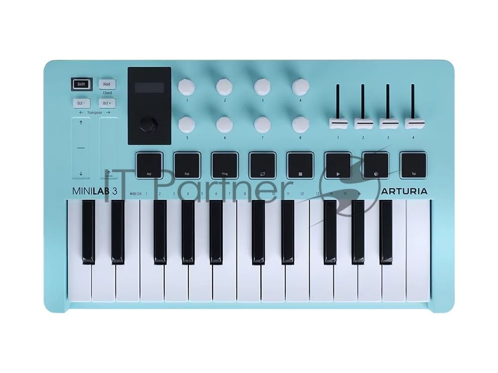 Клавиатура MIDI 231599 Arturia MiniLAB 3 Aquamarine 25 клавиш, 8 энкодеров, 8 RGB пэдов, 8 фейдеров, дисплей, сенсорные регуляторы Pitch/Modulation, MIDI-выход, 1/4" Jack вход педали, режим Chord, арпеджиатор, USB-C