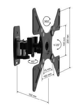 Кронштейн MD 3340 для 26-42" черн.(Консольный 3D кронштейн с наклоном и поворотом для LCD до 42", Нарузка до 25 кг., VESA 100/200, 3 степени свободы: Угол наклона +/-15°, Угол поворота 60° и Вращение 360° и смещение 120мм.Расстояние между телевизором и ст