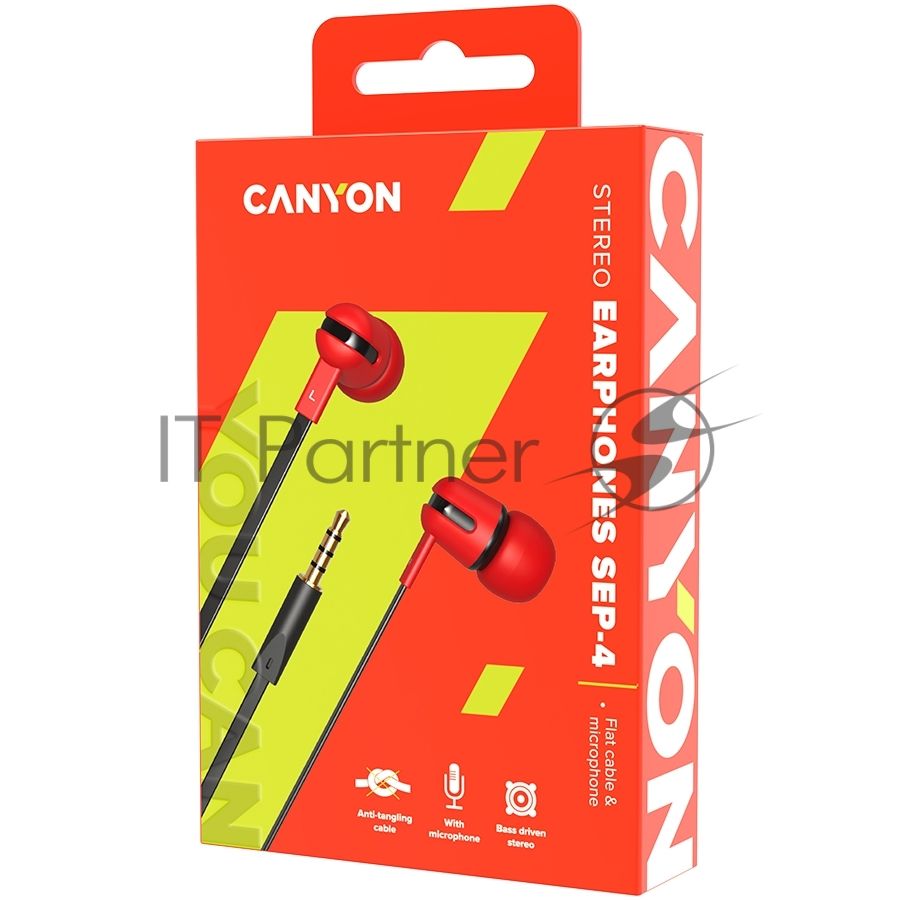 Гарнитура CANYON длина шнура  1.2m flat cable, Red,