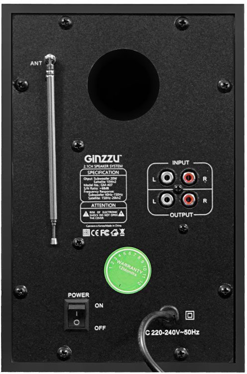 Мультимедийная акустическая система GINZZU GM-407 2.1 с Bluetooth. Выходная мощность (RMS) 40 Вт. Диапазон воспроизводимых частот: 40Гц - 20КГц. Bluetooth: V2.1. Встроенный аудио-плеер: SD-card, USB-flash до 32 Gb. FM радио: 87.5МГц - 108.0МГц. Вход AUX: 