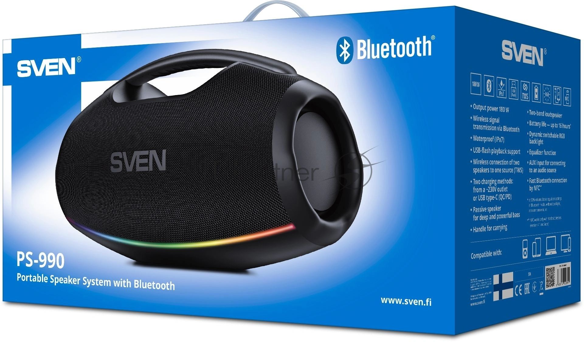 Портативная акустическая система SVEN PS-990, черный, 2.0, 2x90 Вт (RMS), IPx7, TWS, Bluetooth, USB, аккумулятор
