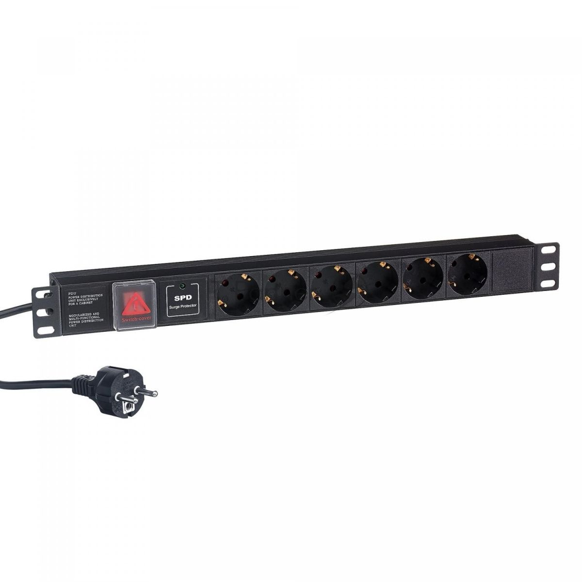 Блок розеток горизонтальный ExeGate ServerPro PDU-19H608 Al-6S-EU2-SW-SPD1, 19", 1U, Алюминий, 6 Schuko, кабель с евровилкой VDE-250V-16A-3*1.5мм2, 2 метра, выкл. с подсветкой, SPD1, черный