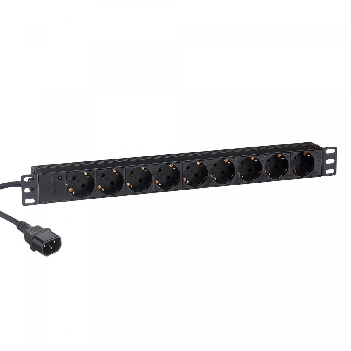 Блок розеток горизонтальный ExeGate ServerPro PDU-19H906 Al-9S-C14-2.5, 19", 1U, Алюминий, 9 Schuko, кабель с вилкой C14 VDE-250V-10A-3*1.5мм2, 2.5 метра, черный