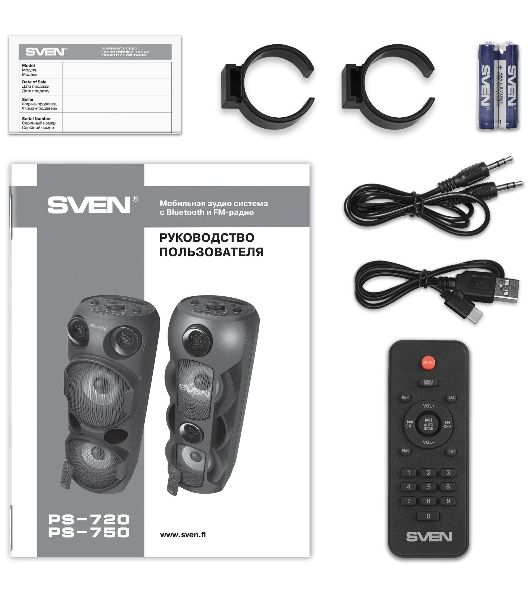 Колонка АС SVEN PS-750, черный (80 Вт, TWS, Bluetooth, FM, USB, microSD, LED-дисплей, 2х4400мА*ч)