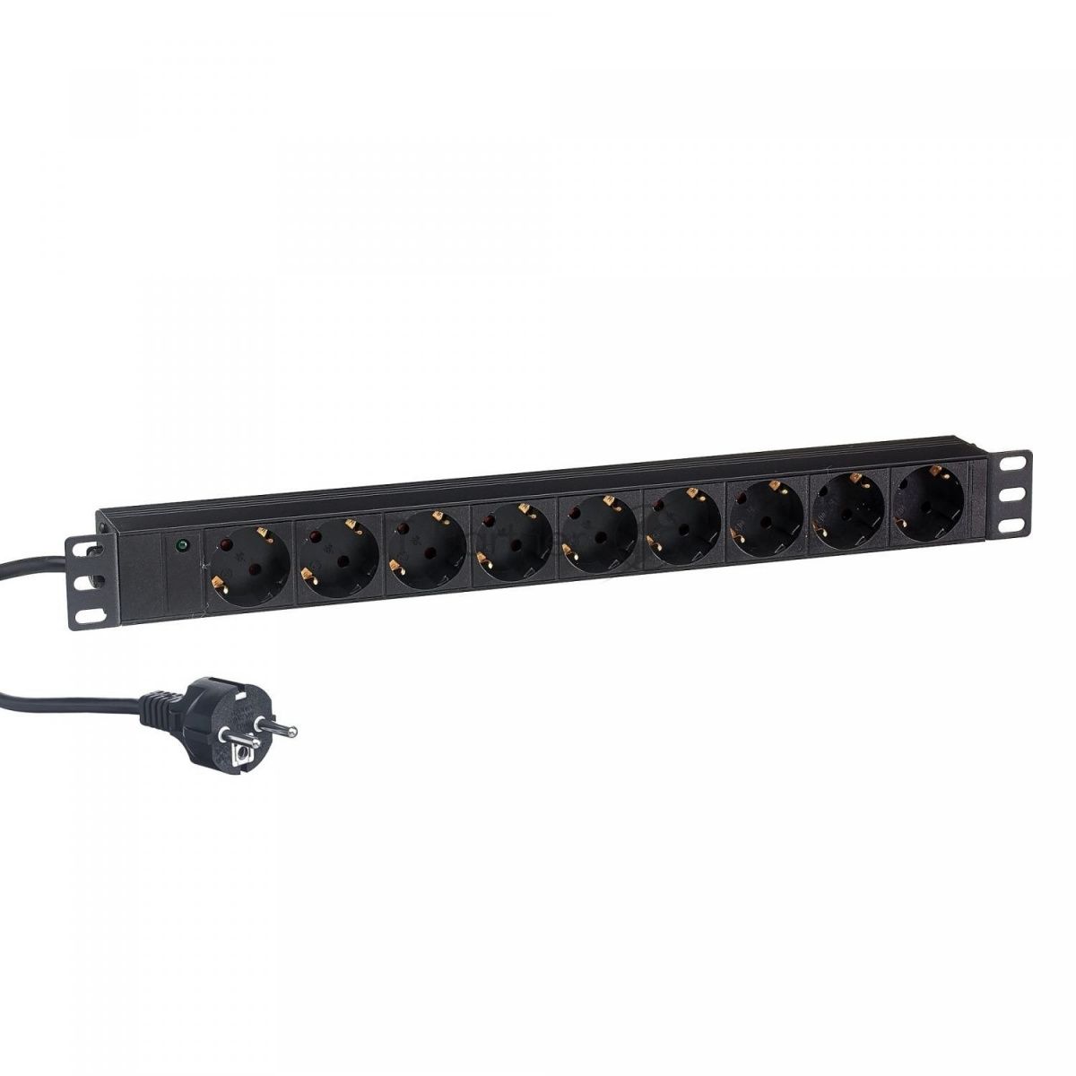Блок розеток горизонтальный ExeGate ServerPro PDU-19H904 Al-9S-EU2.5, 19", 1U, Алюминий, 9 Schuko, кабель с евровилкой VDE-250V-16A-3*1.5мм2, 2.5 метра, черный