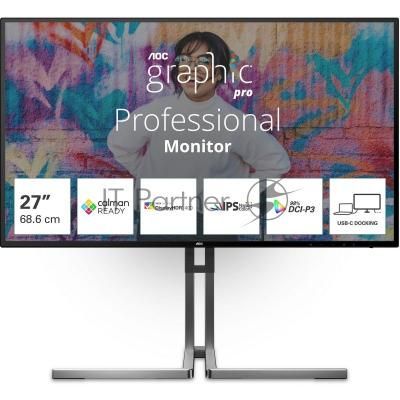 Монитор 27" AOC U27U3CV Nano IPS 3840x2160, 60 Гц (75 Гц макс.), 4 мс, 16:9, 400 кд/м², 2×HDMI 2.0, DP 1.4, USB-C (96 Вт PD), USB Hub (4×USB 3.2 Gen2 + 1×USB-C), RJ-45, 3.5 Jack, динамики (2×3 Вт), DisplayHDR 400, Adaptive-Sync, KVM, черный