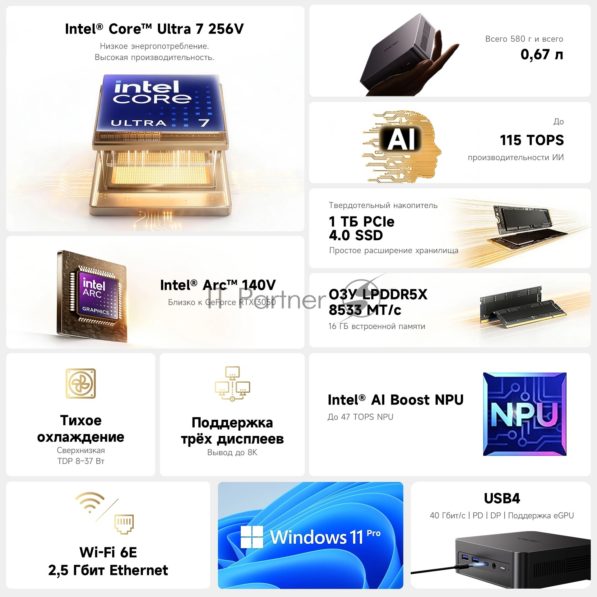 ПК Мини Chuwi AuBox X Core Ultra 7 256V (2.2) 16Gb SSD1Tb ARC 140V Windows 11 Pro 2.5xGbitEth WiFi BT 100W серый