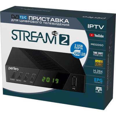 Приставка Perfeo DVB-T2/C приставка "STREAM-2" для цифр.TV, Wi-Fi, IPTV, HDMI, 2 USB, DolbyDigital, пульт ДУ PF_A4488