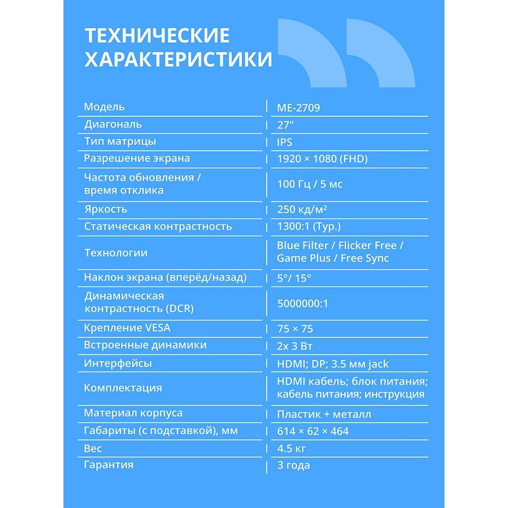 Монитор 27" CBR ME-2709 IPS 1920x1080, 100 Гц, 5 мс, 16:9, 250 кд/м², VGA, HDMI, DP, 3.5 Jack, динамики (2×3 Вт), HDR10, FreeSync, черный
