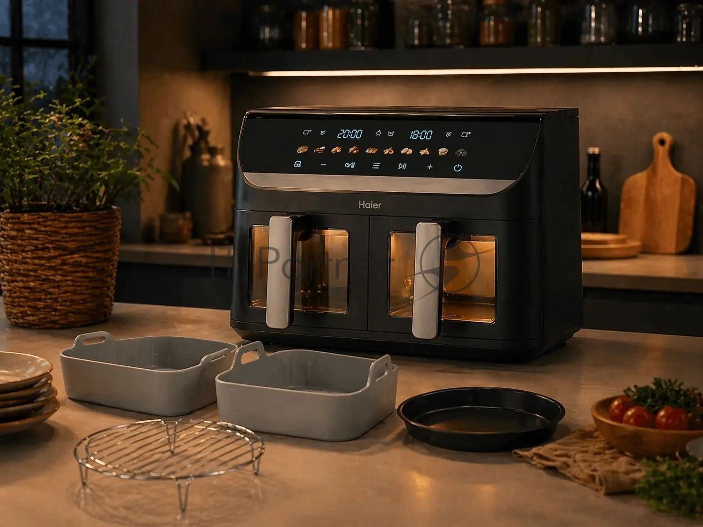 Аэрогриль Haier HAF-702 черный, 3000 Вт, 11 л ( 5.5 л каждая), сенсор, 10 программ