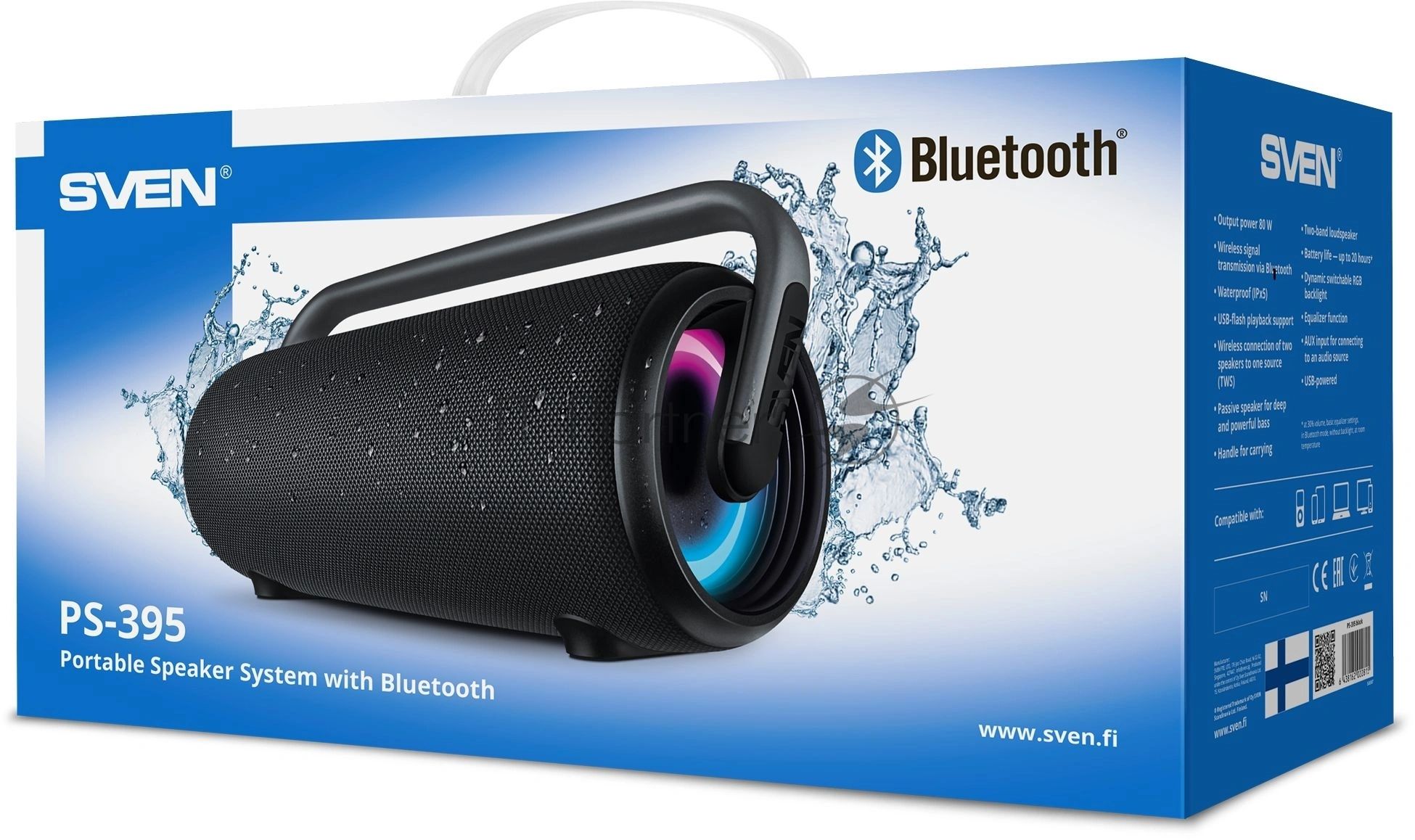 Колонка SVEN АС PS-395, черный (80 Вт, Waterproof (IPx5), TWS, Bluetooth, USB, 4800мА*ч)