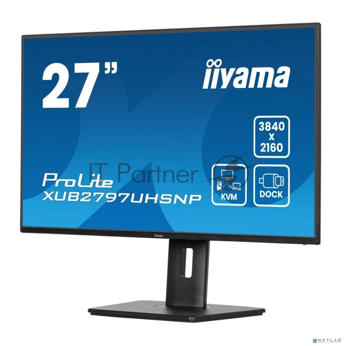 Монитор 27" iiyama XUB2797UHSNP-B1 IPS 4K 3840x2160, 60 Гц, 4 мс, 16:9, 350 кд/м², HDMI, DisplayPort, USB-A, USB-C (96 Вт), Ethernet, KVM-модуль, встроенные динамики, Flicker Free, Low Blue Light, трехсторонний безрамочный дизайн, регулировка по высоте, п