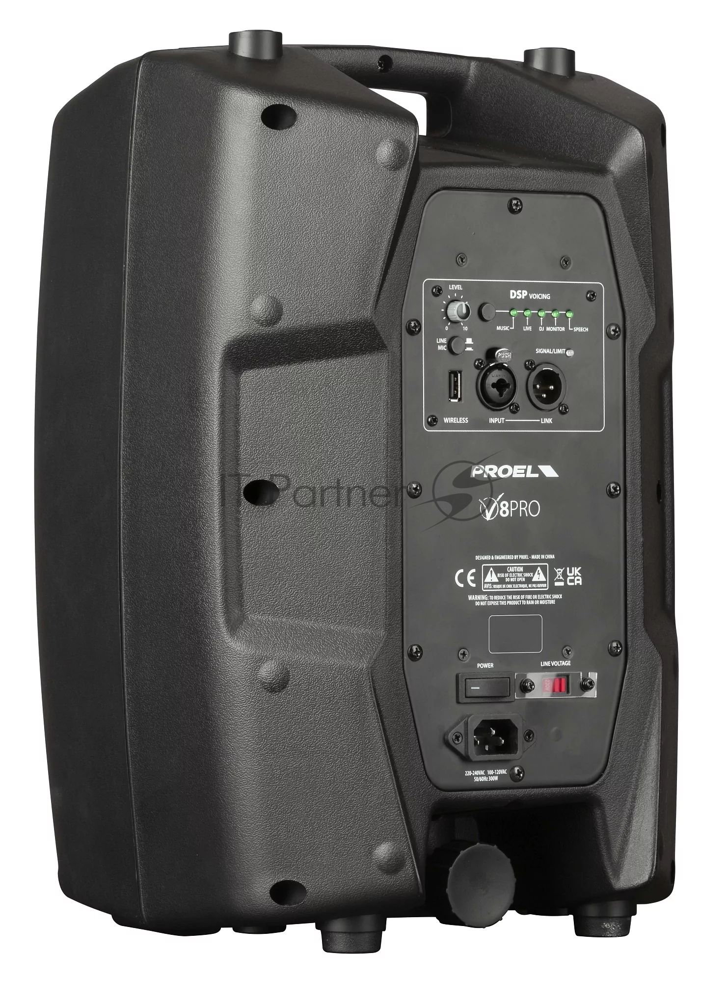 Активная акустическая система PROEL V8PRO 2-х полосная, НЧ динамик 8", ВЧ динамик 1", DSP, мощность пик./ном. 600/300 Вт, АЧХ 70-20000 Гц, макс. SPL 122 дБ, Combo XLR/TRS мик./лин. вход, XLR лин. выход, USB-A порт для радиосистем U24B/U24H