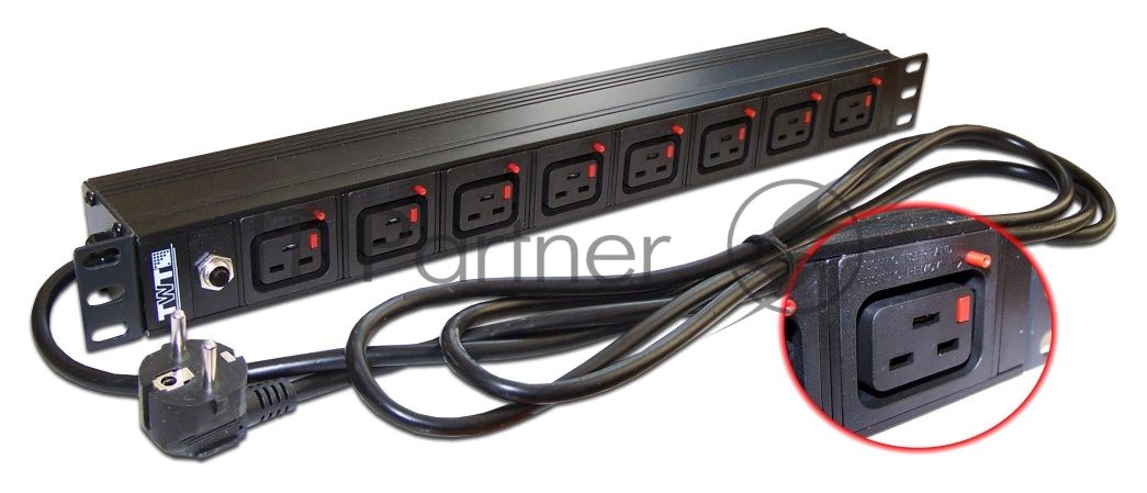 Блок розеток 19" 8 шт. C19 с фиксатором вилки, 16A 250V, шнур питания 3.0 м