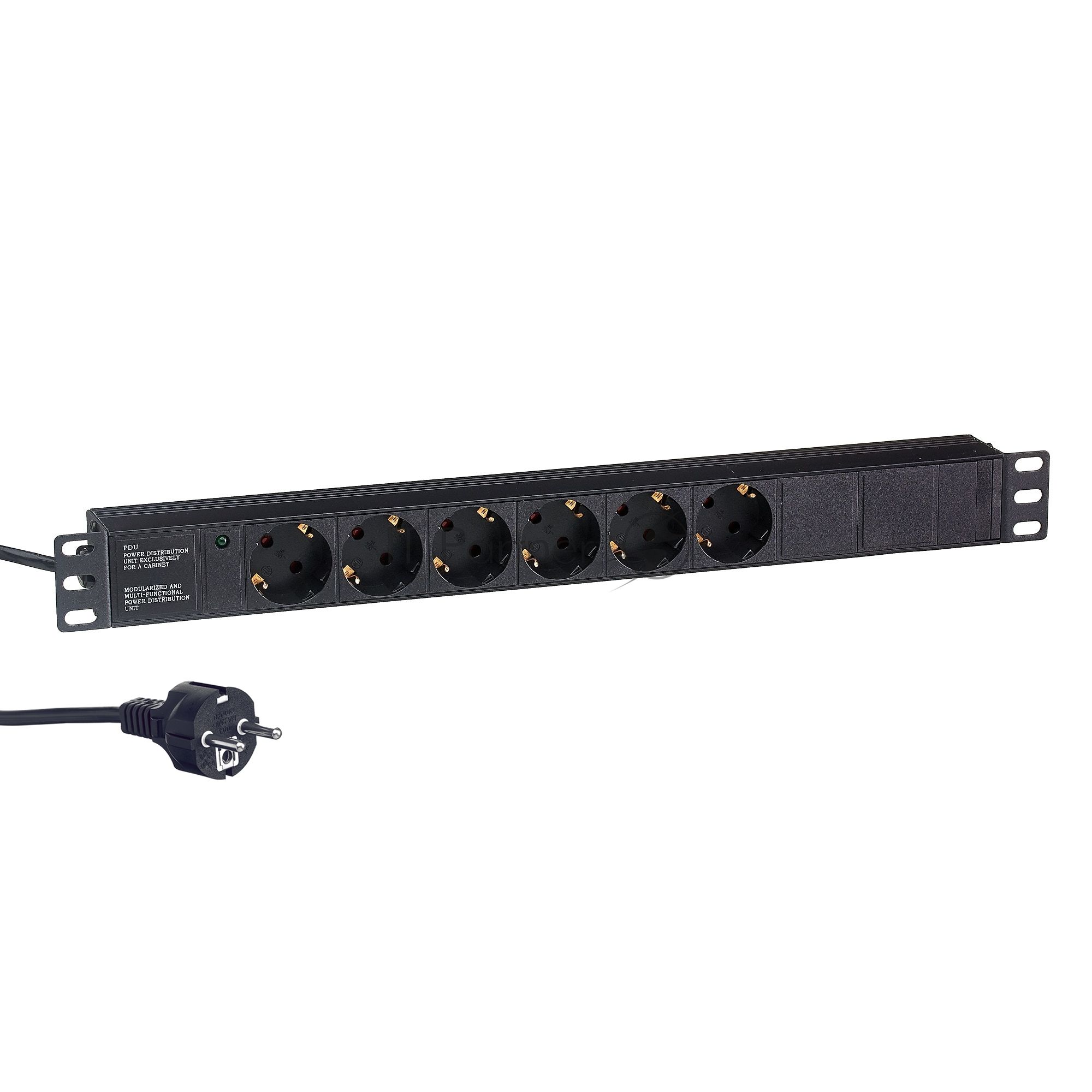 Блок розеток горизонтальный ExeGate ServerPro PDU-19H602 Al-6S-EU2, 19", 1U, Алюминий, 6 Schuko, кабель с евровилкой VDE-250V-16A-3*1.5мм2, 2метра, черный