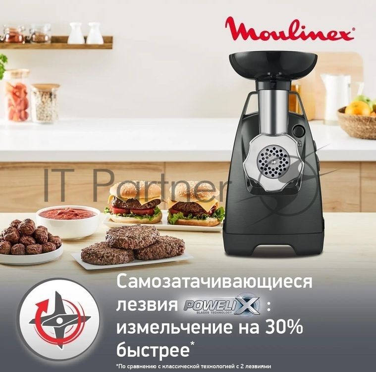 Мясорубка электрическая Moulinex ME682832 черный, 2000 Вт, 2.6 кг/мин, реверс, защита от перегрузки, насадки - 4