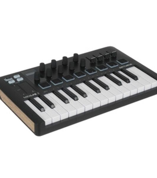 MIDI клавиатура 231509 Arturia MiniLAB 3 Rose Quartz 25 клавиш, 8 энкодеров, 8 RGB пэдов, 8 фейдеров, дисплей, сенсорные регуляторы Pitch/Modulation, MIDI-выход, 1/4" Jack вход педали, режим Chord, арпеджиатор, USB-C