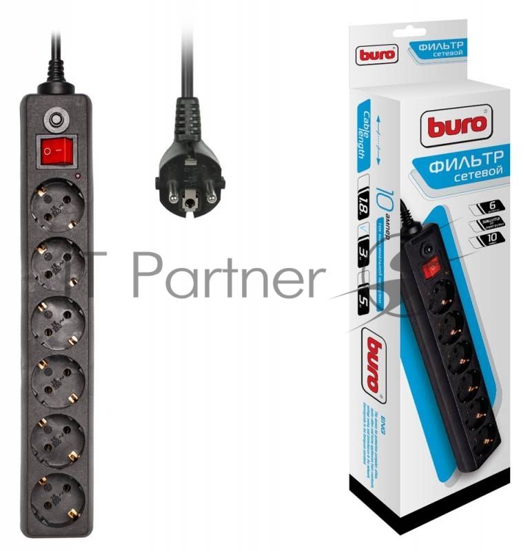 Сетевой фильтр Buro 600SH-3-B 3 м, 6 розеток, черный, коробка