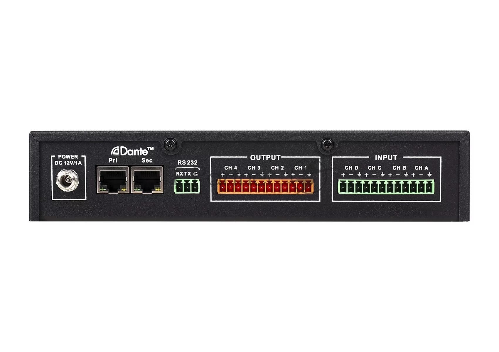 Конвертор Intrend ITDAN-PTR44 Dante - аналог. 4 входа/4 выхода phoenix, 2xRJ45(Dante). встроенный аудиопроцессор (gain, phantom power, mute). Управление ethernet/RS232. Питание 12V