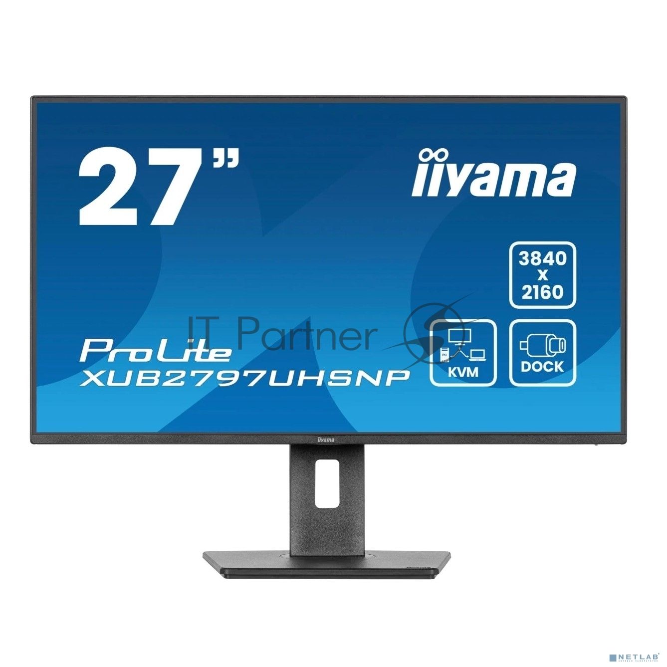 Монитор 27" iiyama XUB2797UHSNP-B1 IPS 4K 3840x2160, 60 Гц, 4 мс, 16:9, 350 кд/м², HDMI, DisplayPort, USB-A, USB-C (96 Вт), Ethernet, KVM-модуль, встроенные динамики, Flicker Free, Low Blue Light, трехсторонний безрамочный дизайн, регулировка по высоте, п