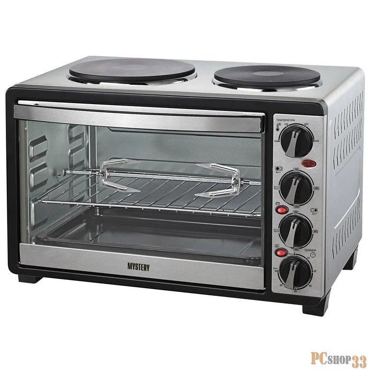 Мини-печь Mystery MOT-3330 (нержавеющая сталь, 1500 Вт, 2 конфорки, гриль, съемный вертел)