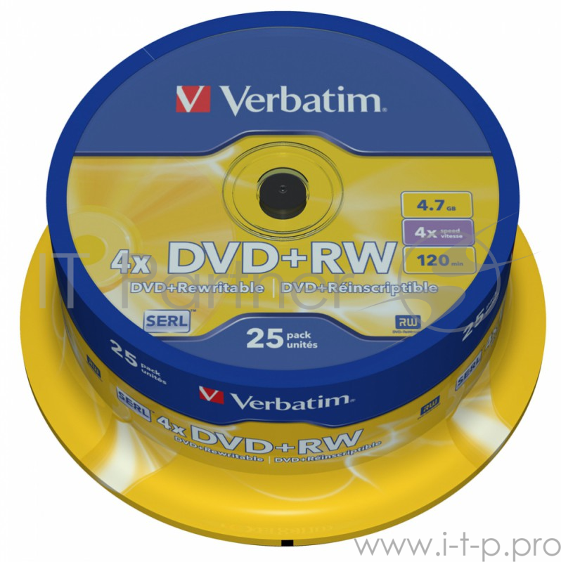 Диск DVD+RW Verbatim 4.7Gb 4x Cake Box (25шт) (43489)