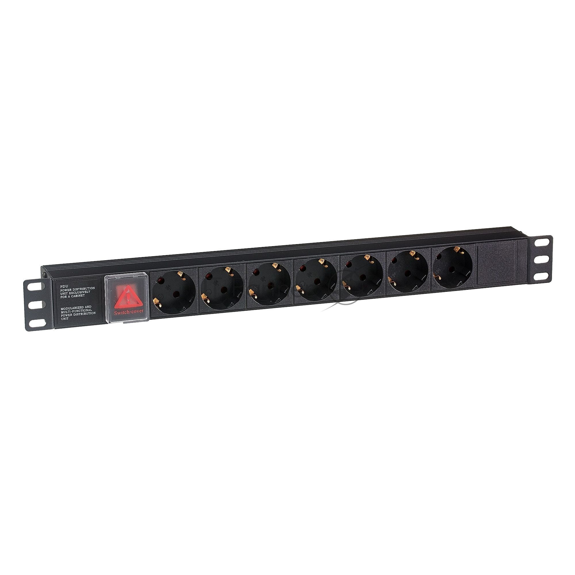 Блок розеток горизонтальный ExeGate ServerPro PDU-19H703 Al-7S-C20-SW, 19", 1U, Алюминий, 7 Schuko, С20, выкл. с подсветкой, черный