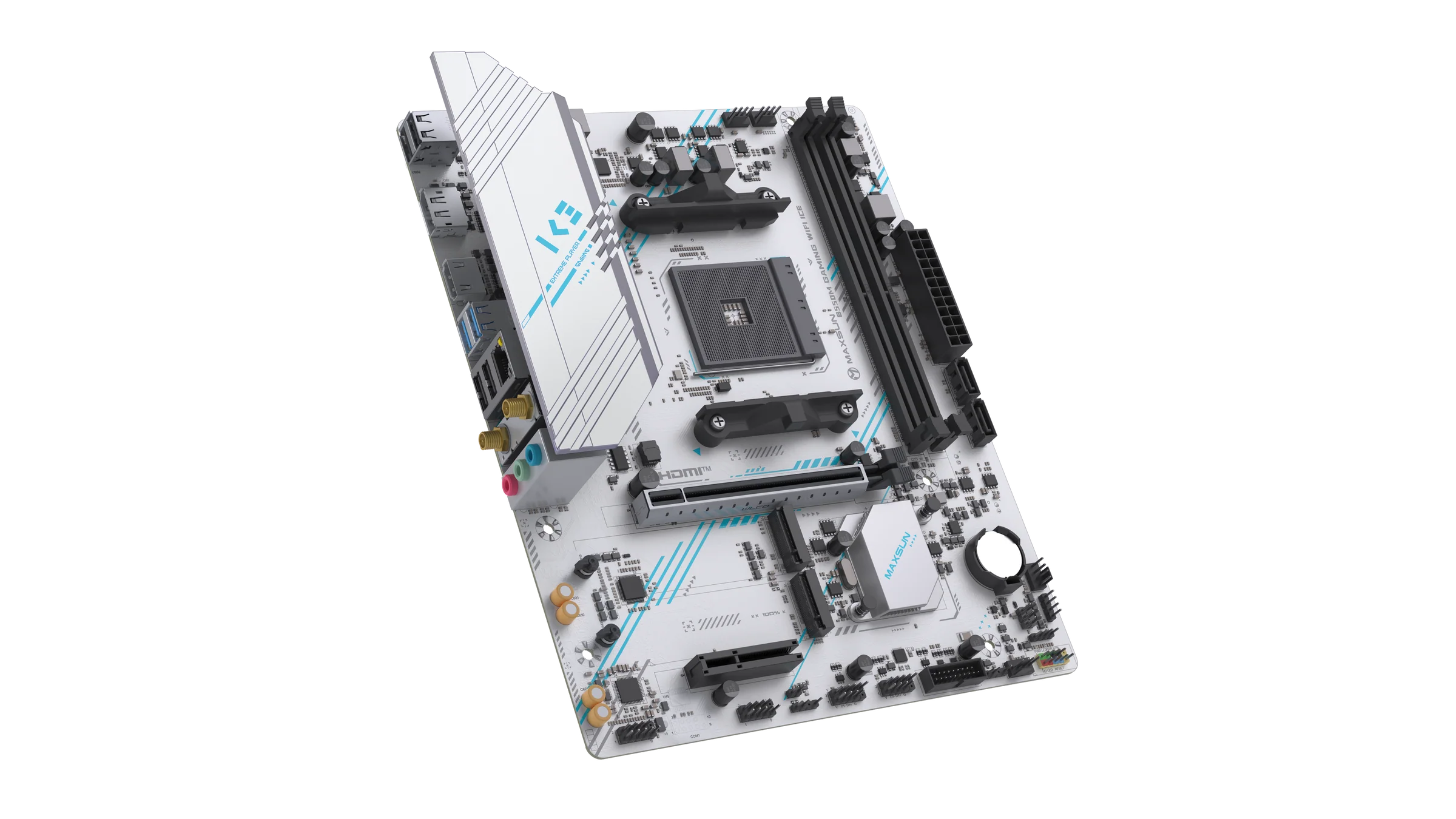 Материнская плата MAXSUN MS-B550M GAMING WIFI ICE, AM4, AMD B550, 2xDDR4, 2xSATA, 2xM.2, 1xPCIe 4.0 x16, 1xPCIe 3.0 x4, 1xHDMI, 1xDP, 1x1Gb LAN, Wi-Fi 5, Bluetooth 4.2, 2xUSB-A 5Gbps, 4xUSB-A 2.0, 3x3.5 мм, 5.1, mATX