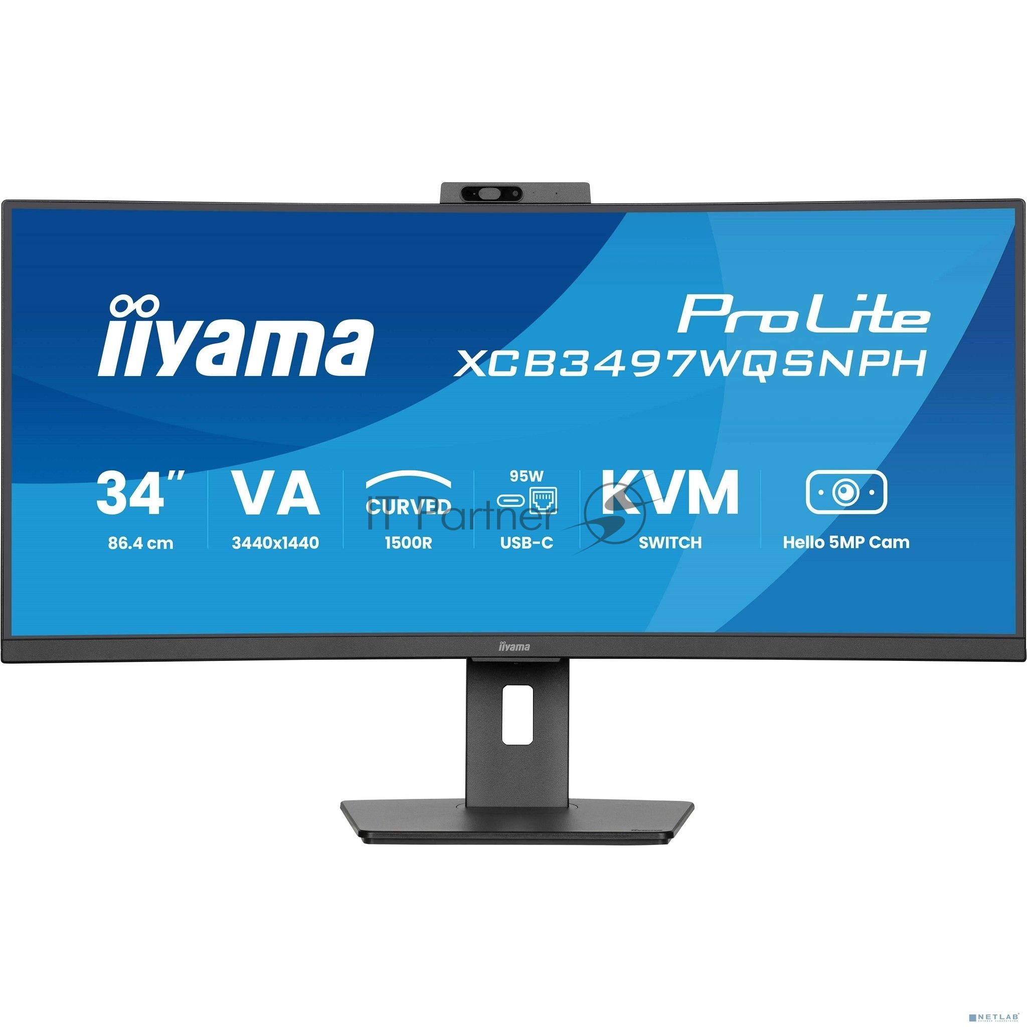 Монитор 34" Iiyama ProLite XCB3497WQSNPH-B1 VA 3440x1440, 120 Гц, 0.4 мс, 21:9, 350 кд/м², HDMI 2.0, HDMI 1.4, DP 1.4, USB-C (95 Вт), 3.5 Jack, USB Hub (4x USB 3.0), Ethernet, динамики (2x5 Вт), веб-камера (5 Мп), FreeSync Premium, изогнутый экран (1500R)
