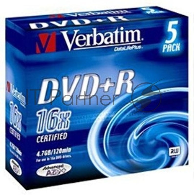 Диск DVD+R Verbatim 4.7Gb 16x Slim case (5шт) Color (43556)