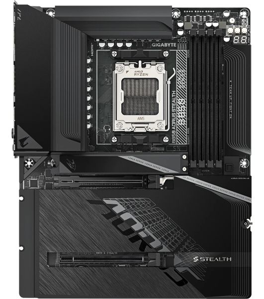 Материнская плата Gigabyte B850 AORUS STEALTH, AM5, AMD B850, 4xDDR5, 2xSATA, 4xM.2, 1xPCIe 5.0 x16, 1xPCIe 4.0 x16, 1xHDMI, 1x5Gb LAN, Wi-Fi 7, Bluetooth 5.4, 1xUSB-C 10Gbps, 2xUSB-A 10Gbps, 4xUSB-A 5Gbps, 4xUSB-A 2.0, 3x3.5 мм + S/PDIF оптический, 7.1, 
