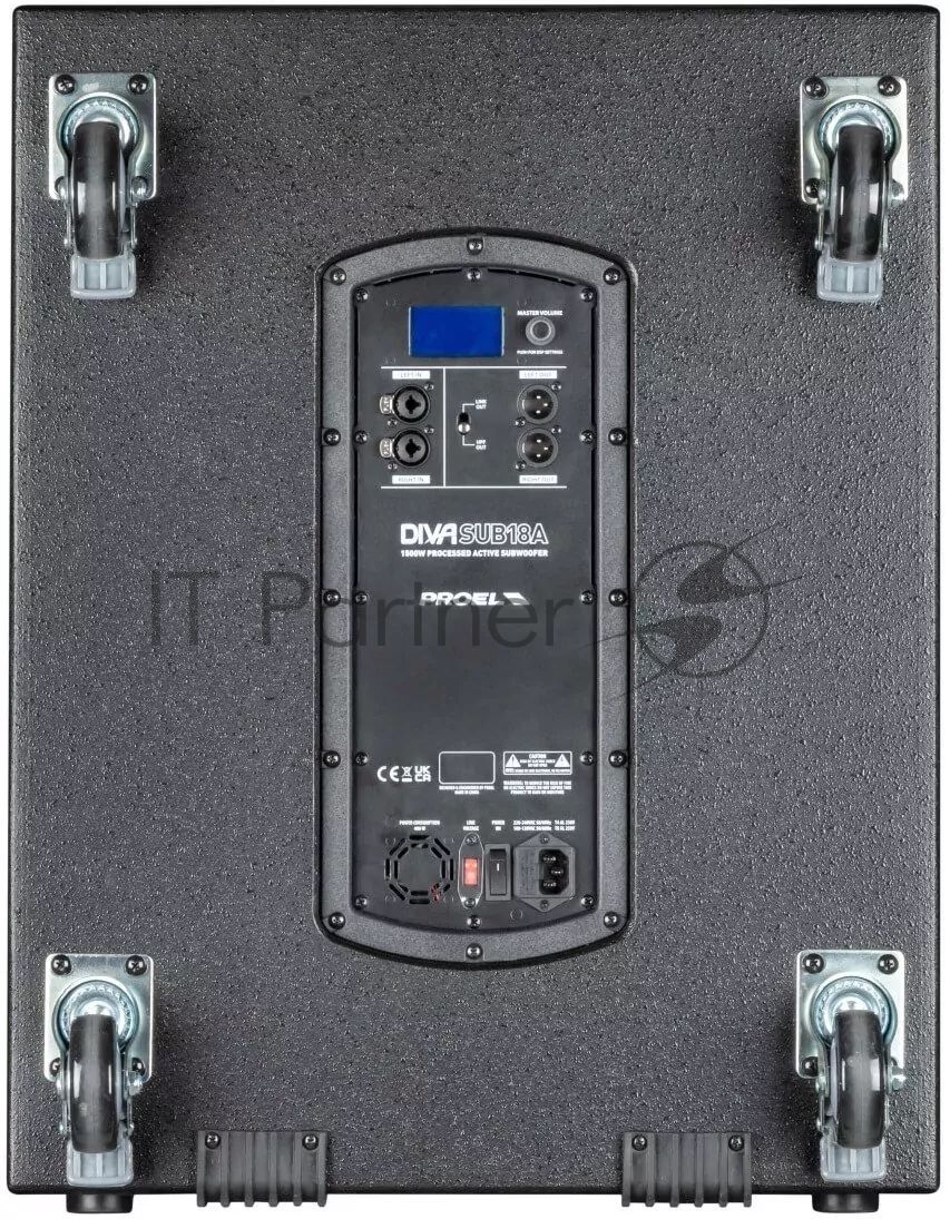 Активный сабвуфер PROEL [DIVASUB18A] НЧ динамик 18", встроенный DSP, LCD дисплей, АЧХ 35-160 Гц, мощность пик. 1500 Вт, мощность номин. 750 Вт, макс. SPL 132 дБ, 2x Combo XLR/TRS входа, 2x XLR выхода, материал корпуса фанера, ручки для переноски 2 шт.