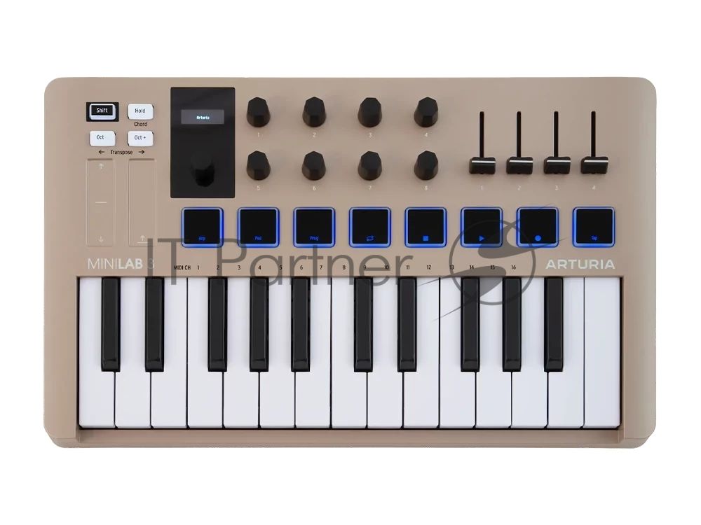 Клавиатура MIDI 231508 Arturia MiniLAB 3 Champagne 25 клавиш, 8 энкодеров, 8 RGb пэдов, 8 фейдеров, дисплей, сенсорные регуляторы Pitch/Modulation, MIDI-выход, 1/4" Jack вход педали, режим Chord, арпеджиатор, USB-C