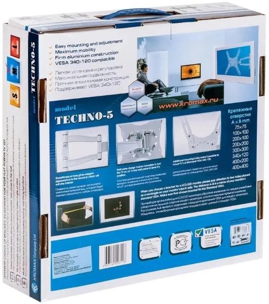 Кронштейн для телевизора Kromax TECHNO-5 белый, 15"-55" макс. 35 кг, настенный, поворот и наклон