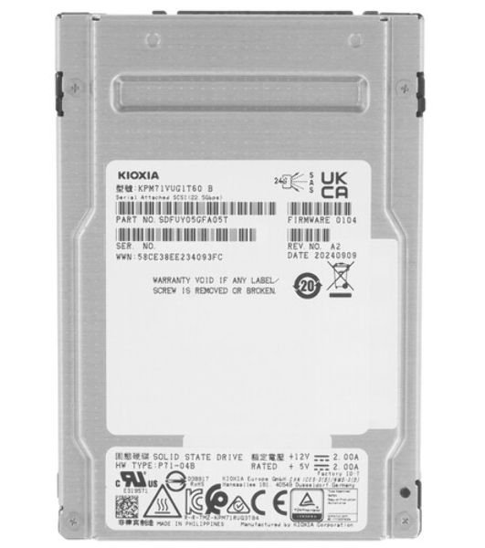 Серверный твердотельный накопитель KIOXIA SSD PM7-V, 1600GB, 2.5" 15mm, SAS 24G, TLC, R/W 4200/3400 MB/s, IOPs 720K/320K, TBW 8760, DWPD 3 (12 мес.)